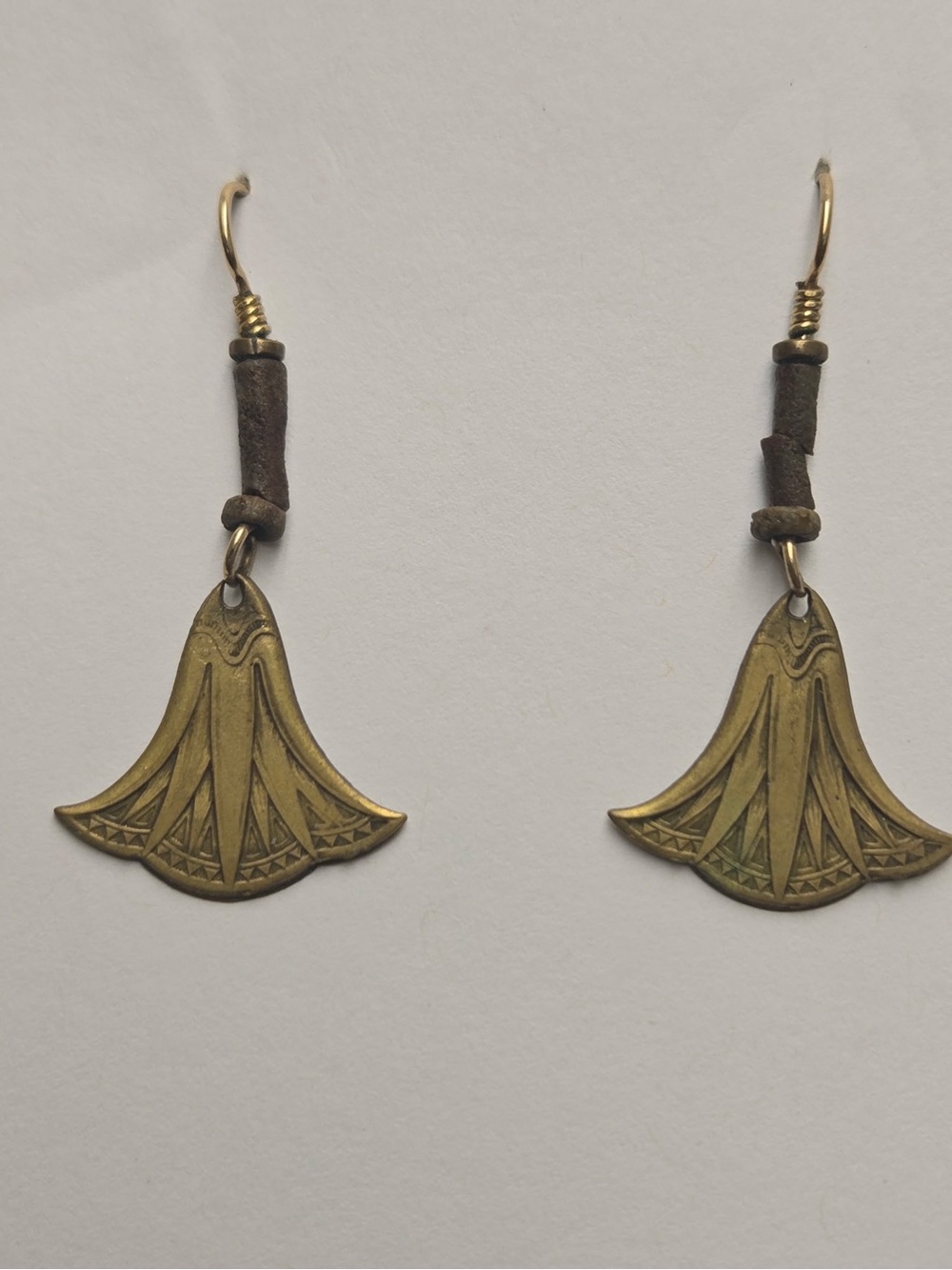 Brass Fan-Shaped Dangle Earrings - Brown Leather Accents